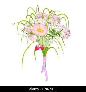 Vintage violet floral bouquet de fleurs sauvages et de jardin. Fleurs roses fleurs isolé sur fond blanc. Cartes florales de printemps, decoratio Illustration de Vecteur