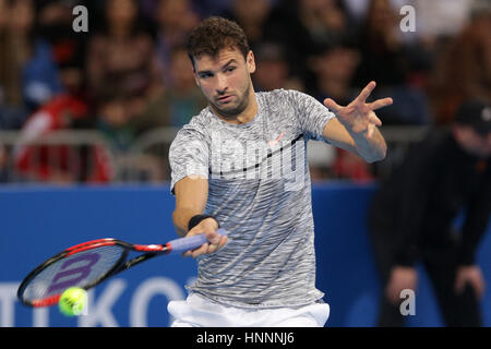 Sofia, Bulgarie - 11 Février 2017 : Grigor Dimitrov (photo) de la Bulgarie joue contre Nikoloz Basilashvili à partir de la Géorgie pendant un match de Sofi Banque D'Images