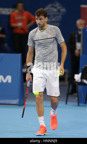 Sofia, Bulgarie - 11 Février 2017 : Grigor Dimitrov (photo) de la Bulgarie joue contre Nikoloz Basilashvili à partir de la Géorgie pendant un match de Sofi Banque D'Images