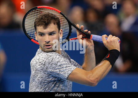 Sofia, Bulgarie - 11 Février 2017 : Grigor Dimitrov (photo) de la Bulgarie joue contre Nikoloz Basilashvili à partir de la Géorgie pendant un match de Sofi Banque D'Images