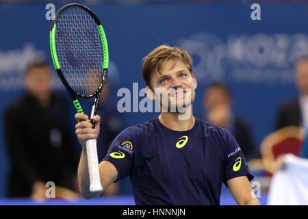 Sofia, Bulgarie - 11 Février 2017 : David Goffin à partir de la Belgique (en photo) joue contre Roberto Bautista Agut d'Espagne au cours d'un match de Sofia Ope Banque D'Images