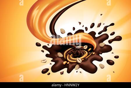 Chocolat et caramel liquide mélangé de débit dans un tourbillon, fond orange, 3d illustration Illustration de Vecteur