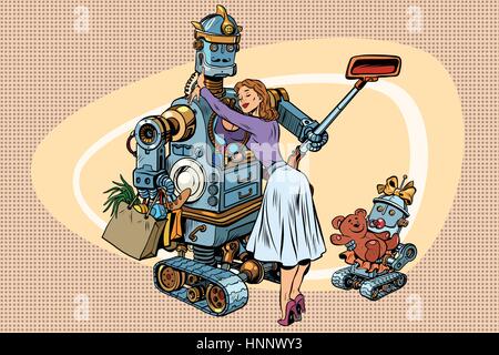 Retro Vintage, père de famille, femme et enfant robot. Vintage Retro pop art comic book illustration vectorielle. Une femme répond à son mari de travailler Illustration de Vecteur