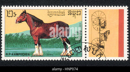 Un timbre-poste imprimé en R.P. Kampuchea montre un Shire, chevaux de trait et de l'autocar vers 1989 , série Banque D'Images