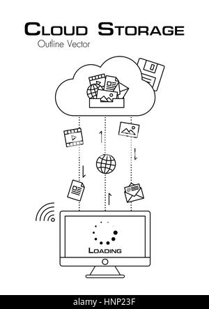 Le stockage Cloud . Plus de fichier a été téléchargé à partir de serveurs cloud pour ordinateur de bureau . contours style . télévision design . Illustration de Vecteur