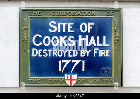 'La salle de Cooks détruite par le feu 1771' feu de Plaques de plaque bleu mémorial de Londres dans la City de Londres Angleterre Grande-Bretagne Royaume-Uni KATHY DEWITT Banque D'Images