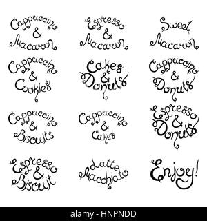 Set 1 de curly lettrage dessiné à la main des expressions pour Café. Espresso Cappuccino Gâteaux Donuts Macarons Cookies Biscuits Latte Macchiatto tasse de café Illustration de Vecteur