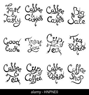 Set 2 de curly lettrage dessiné à la main des expressions pour Café. Espresso Cappuccino Gâteaux Donuts Macarons Cookies Biscuits Latte Macchiatto tasse de café Illustration de Vecteur