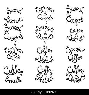 Set 3 de curly lettrage dessiné à la main des expressions pour Café. Espresso Cappuccino Gâteaux Donuts Macarons Cookies Biscuits Latte Macchiatto tasse de café Illustration de Vecteur