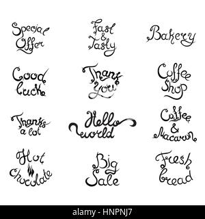 4 jeu de curly lettrage dessiné à la main des expressions pour Café. Espresso Cappuccino Gâteaux Donuts Macarons Cookies Biscuits Latte Macchiatto tasse de café Illustration de Vecteur