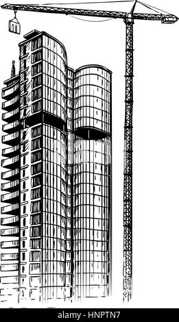 Gratte-ciel de construction, croquis. Illustration vecteur de la construction de la ville, Illustration de Vecteur