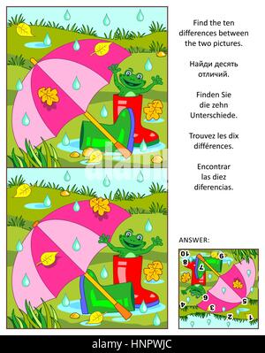 Puzzle visuel : trouver les 10 différences entre les deux photos avec parapluie, bottes et heureux à l'extérieur de la grenouille à rainy journée d'automne. Réponse inclus. Illustration de Vecteur