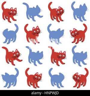 Jeu de l'ombre rouge avec les chats et leurs silhouettes. ou utiliser cette image comme modèle sans couture. Illustration de Vecteur