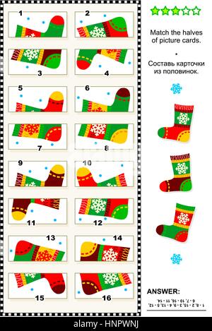 Puzzle visuel : Faites correspondre les deux moitiés de cartes colorées représentant des chaussettes de noël. Réponse inclus. Illustration de Vecteur