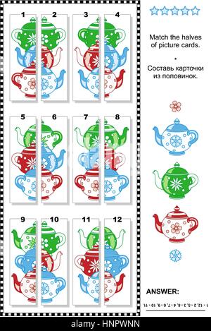 Puzzle visuel : Faites correspondre les deux moitiés de cartes colorées représentant des théières. Réponse inclus. Illustration de Vecteur