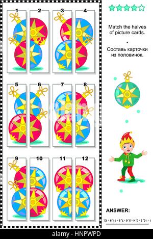 Puzzle visuel : Faites correspondre les deux moitiés de cartes colorées représentant des boules de noël. Réponse inclus. Illustration de Vecteur