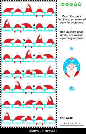 Sur le thème de Noël ou Nouvel An photo puzzle : faire correspondre les paires - trouver exactement la copie en miroir pour chaque ligne du Père Noël red caps. Réponse inclus. Illustration de Vecteur