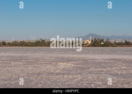 Sultan Tekke mosquée près de Larnaca à Chypre vue de l'ensemble du lever du soleil sur le lac de sel sec Banque D'Images