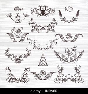 Ensemble d'éléments du vecteur de l'été. peint à la main. Les fleurs, les feuilles, les insectes, les oiseaux. Illustration de Vecteur