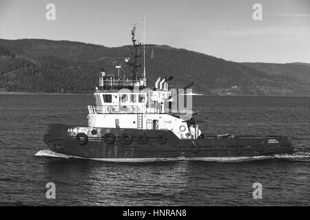 Trondheim, Norvège - 17 octobre 2016 : Abramis tug boat avec superstructure blanc en cours, vue de côté. Trondheim, Norvège. Photo monochrome Banque D'Images