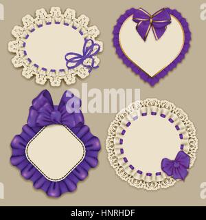 Ensemble de modèles élégants cadres ornés de luxe design invitation, cadeau, carte de vœux, carte postale avec ornement de dentelle, volants, des arcs, des rubans, violet Illustration de Vecteur
