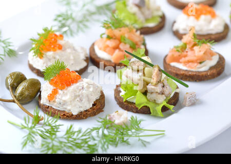 La succulente nourriture doigt avec tartare de saumon fumé, mousse de truite avec caviar et salade de harengs au rond pain pumpernickel Banque D'Images