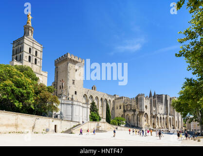 Les gens de la Place du Palais dominé par la Cathédrale d'Avignon et le Palais des Papes, Avignon, France Banque D'Images