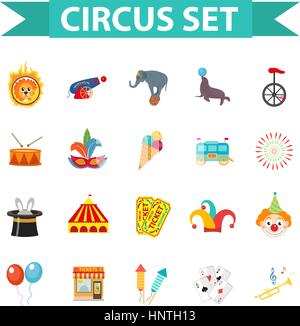 Circus Icon Set, Télévision, style dessin animé. Situé isolé sur un fond blanc avec des éléphants, lions, Sealion, gun, clown, des billets. Éléments de conception. Illustration vectorielle, clip art. Illustration de Vecteur