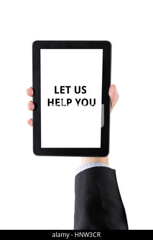 Part of businessman holding digital tablet avec word laissez-nous vous aider à isolé sur fond blanc avec clipping path Banque D'Images