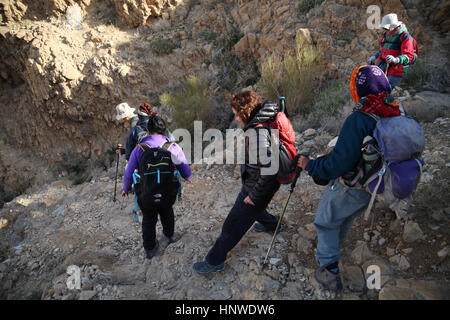 Senior citizen les randonneurs sont soigneusement la descente d'une pente raide dans une gorge profonde. Le Canyon de Nahal ou Nahal Tze'elim, le désert de Judée, en Israël. Banque D'Images