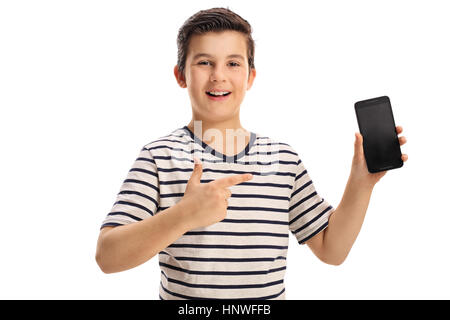 Garçon tenant une joyeuse et vers isolé sur fond blanc Banque D'Images