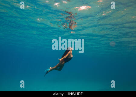 Woman swimming underwater, Oahu, Hawaii, USA Banque D'Images