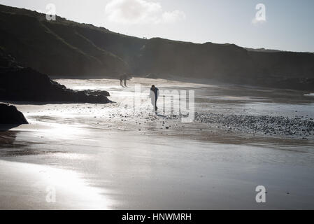 Une personne marche le long de la plage de sable au bord de la mer et les falaises sur une journée à l'hivers Godrevy Beach près de St Ives en Cornouailles, Royaume-Uni. Banque D'Images