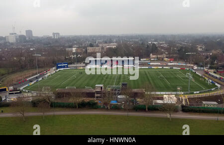 Vue aérienne de Gander Green Lane, stade du Sutton United football Club, dans le sud de Londres. Banque D'Images