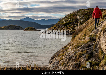 Randonnée sur l'île de femme Sommaroy en automne, la Norvège arctique Banque D'Images