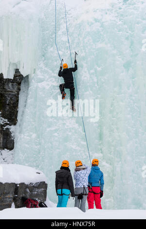 L'escalade de glace sur une cascade de glace en Abisko National Park, Suède Banque D'Images