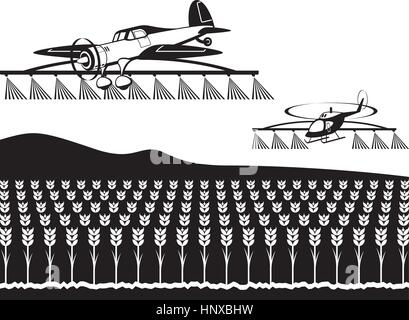 Avions et hélicoptères agricoles cultures pulvérisation avec engrais - vector illustration Illustration de Vecteur