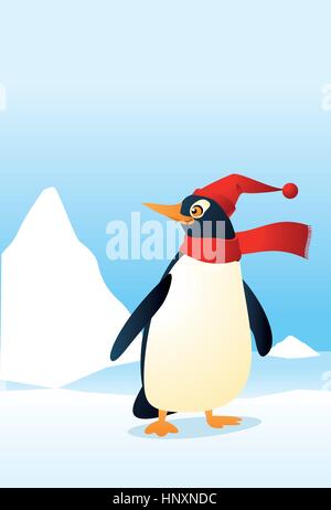 Manchot Empereur avec Chapeau tricoté et l'écharpe rouge d'hiver. Penguin préparé pour l'hiver prochain vector illustration. Illustration de Vecteur