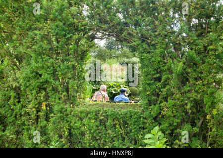 Deux personnes âgées sur un banc à travers une haie dans un jardin (France). Banque D'Images