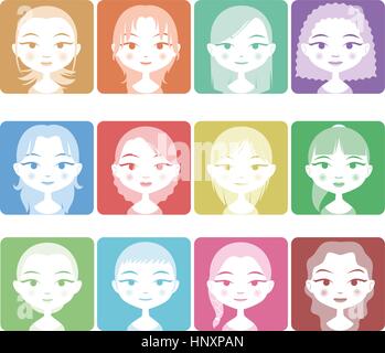 Tête et épaule Avatar fille personnes mis en couleurs, avec 12 filles différentes avec différentes coupes et couleurs illustration vectorielle. Illustration de Vecteur