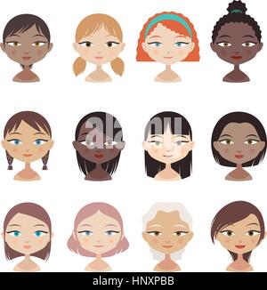 Les gens de la tête et des épaules de caractères Avatar Profil Girl faces, avec 12 12 Tête et épaule avec différents avatars profil hairstyle Illustration de Vecteur