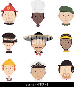 Des professionnels de la tête et des épaules, avatar de profil avec fireman, chef, militaire, le capitaine, de cyclistes, pompier, mariachi, rider, baseball, jok Illustration de Vecteur