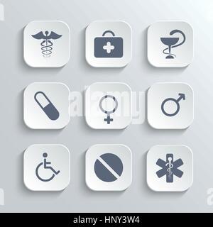 Medical icons set - vector app blanc boutons avec trousse de premiers secours caducée comprimés homme femme sexe et symboles handicapés Illustration de Vecteur