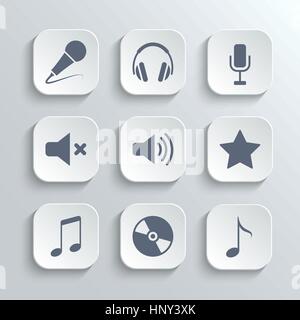 Media icons set - vector app blanc avec boutons rétro microphone casque classique volume mute star music note disc Illustration de Vecteur