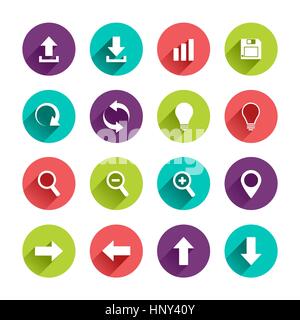 L'application du vecteur Web Icons Set dans Télévision Design avec de longues ombres sur les boutons de téléchargement télécharger cercle avec les flèches haut bas gauche droite zoom lampe Site Edition Illustration de Vecteur