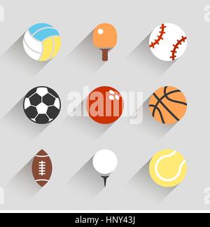 Sport balls icon set - vector app blanc long boutons style ombre avec football soccer tennis base-ball Basket-ball rugby volleyball golf bowling ping Illustration de Vecteur