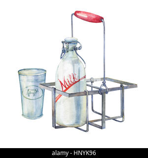 Cuisine de la ferme Vintage metal rack porte-bouteilles avec du lait et un verre de lait. La main de l'aquarelle sur fond blanc. Banque D'Images