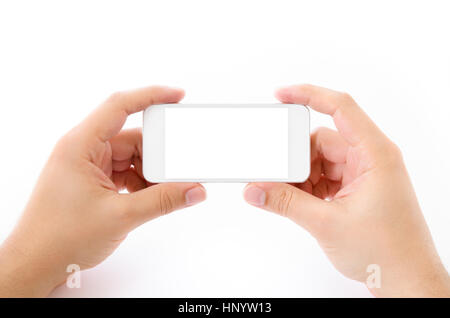 Male Hands Holding White Smart Phone avec écran vide Banque D'Images