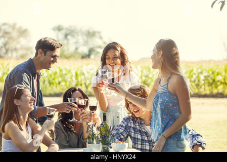 Friends enjoying verre de vin au vignoble Banque D'Images