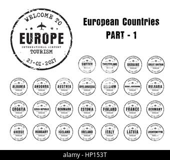 Ensemble de vieux timbres usés passeport avec le nom des pays européens. Templates signe pour le billet et de l'aéroport. Partie 1 Illustration de Vecteur